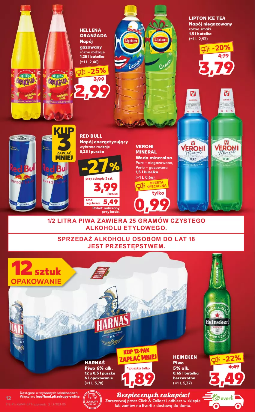 Gazetka promocyjna Kaufland - OFERTA TYGODNIA - ważna 25.11 do 01.12.2021 - strona 12 - produkty: Harnaś, Heineken, Hellena, Ice tea, Lipton, Napój, Napój gazowany, Napój niegazowany, Oranżada, Piec, Piwa, Piwo, Pur, Red Bull, Woda, Woda mineralna