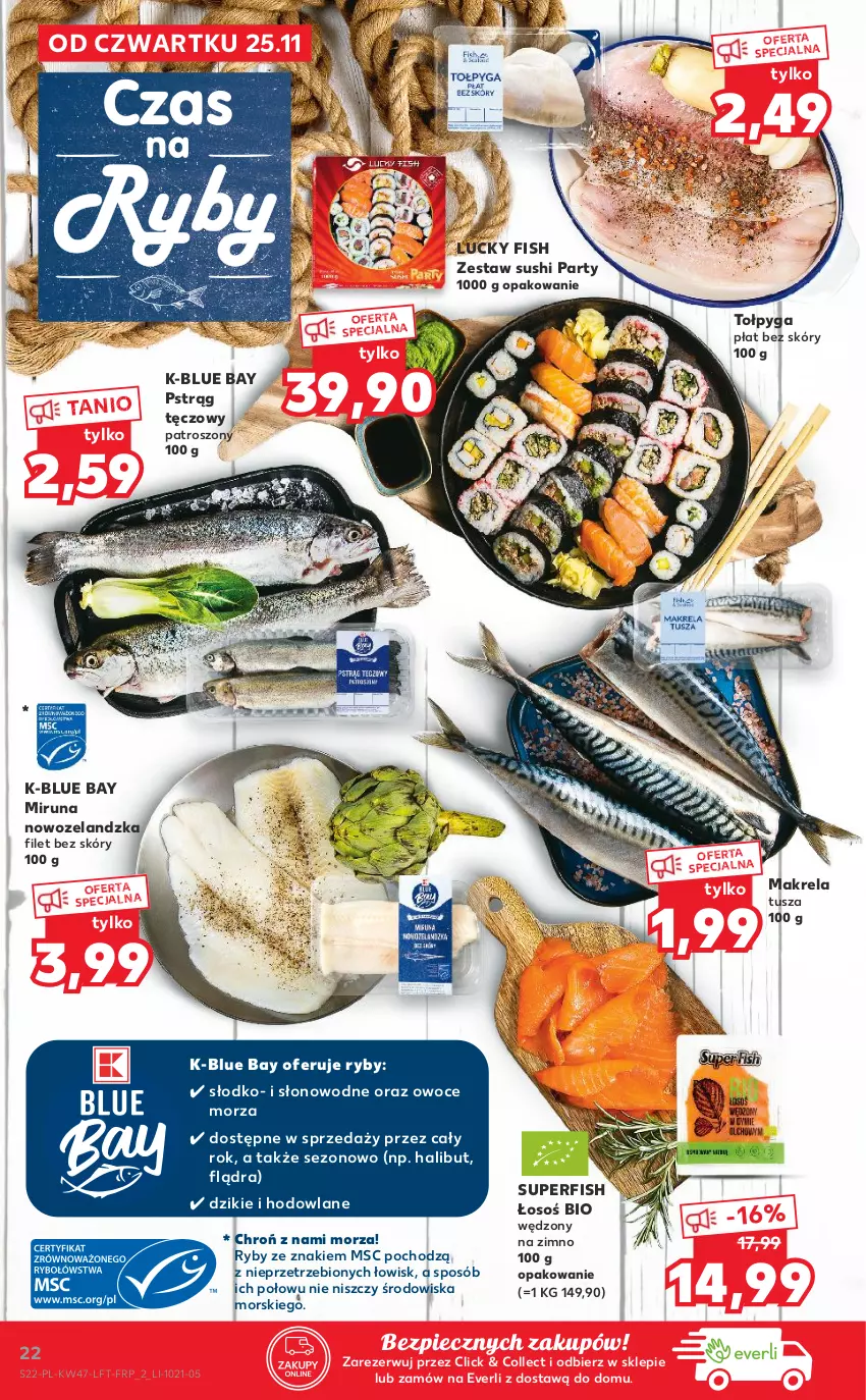 Gazetka promocyjna Kaufland - OFERTA TYGODNIA - ważna 25.11 do 01.12.2021 - strona 22 - produkty: Halibut, Miruna, Owoce, Owoce morza, Piec, Pstrąg, Pstrąg tęczowy, Sushi, Tołpyga, Tusz