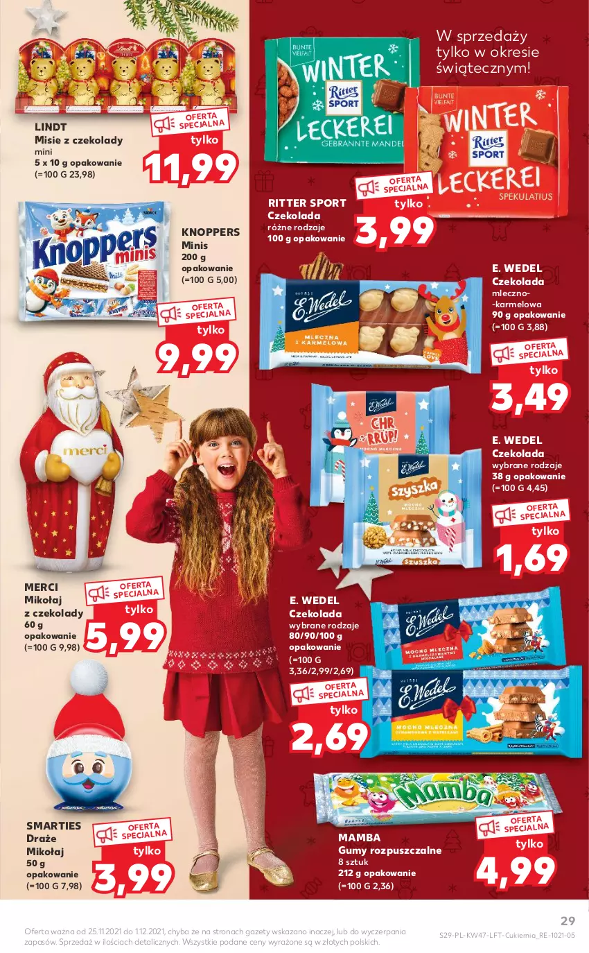 Gazetka promocyjna Kaufland - OFERTA TYGODNIA - ważna 25.11 do 01.12.2021 - strona 29 - produkty: Cukier, Czekolada, E. Wedel, Knoppers, Lindt, Mamba, Merci, Por, Ritter Sport, Sport