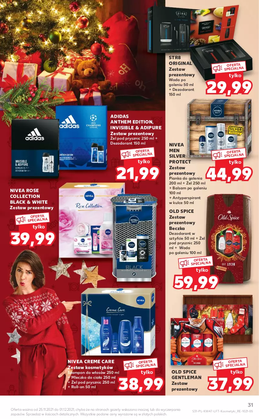 Gazetka promocyjna Kaufland - OFERTA TYGODNIA - ważna 25.11 do 01.12.2021 - strona 31 - produkty: Adidas, Antyperspirant, Balsam po goleniu, Dezodorant, Gin, Lack, Mleczko, Mleczko do ciała, Nivea, Nivea Men, Old Spice, Pianka do golenia, Pur, Str8, Szampon, Woda, Woda po goleniu, Zestaw prezentowy