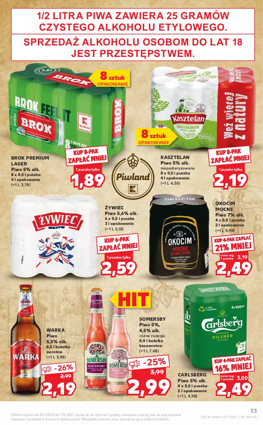 Gazetka promocyjna Kaufland - OFERTA TYGODNIA - ważna 25.11 do 01.12.2021 - strona 33 - produkty: Carlsberg, Gra, Kasztelan, Koc, Okocim, Piwa, Piwo, Somersby, Warka