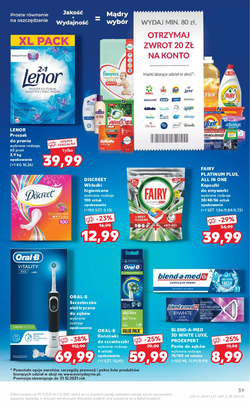 Gazetka promocyjna Kaufland - OFERTA TYGODNIA - ważna 25.11 do 01.12.2021 - strona 39 - produkty: Blend-a-Med, Discreet, Fa, Fairy, Końcówki do szczoteczk, Lenor, Pasta do zębów, Proszek do prania, Szczoteczka, Wkładki, Zmywarki