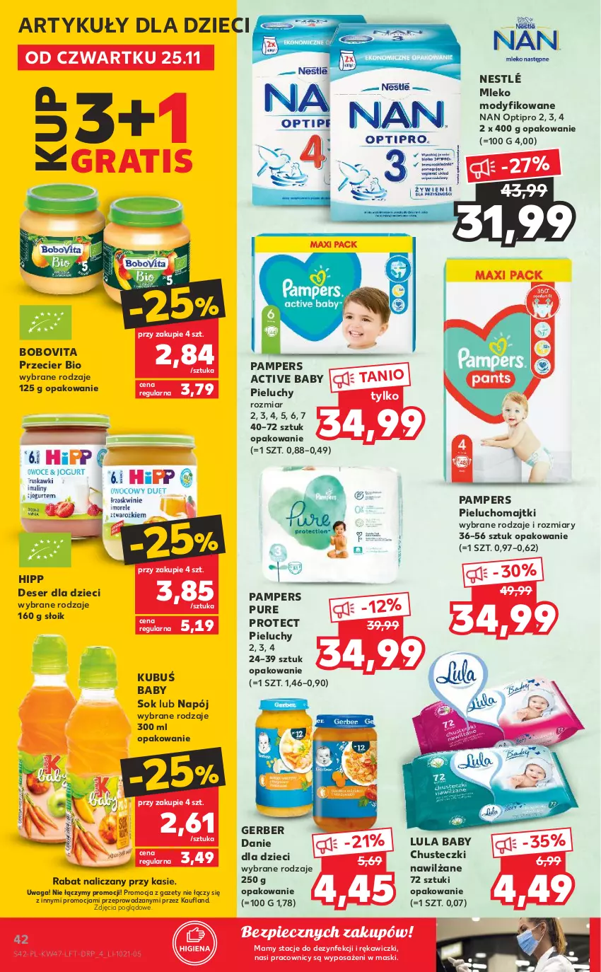 Gazetka promocyjna Kaufland - OFERTA TYGODNIA - ważna 25.11 do 01.12.2021 - strona 42 - produkty: BoboVita, Chusteczki, Danie dla dzieci, Deser, Dzieci, Gerber, Gra, HiPP, Kubuś, Majtki, Mleko, Mleko modyfikowane, NAN Optipro, Napój, Nestlé, Pampers, Piec, Pieluchomajtki, Pieluchy, Pur, Ser, Sok, Waga