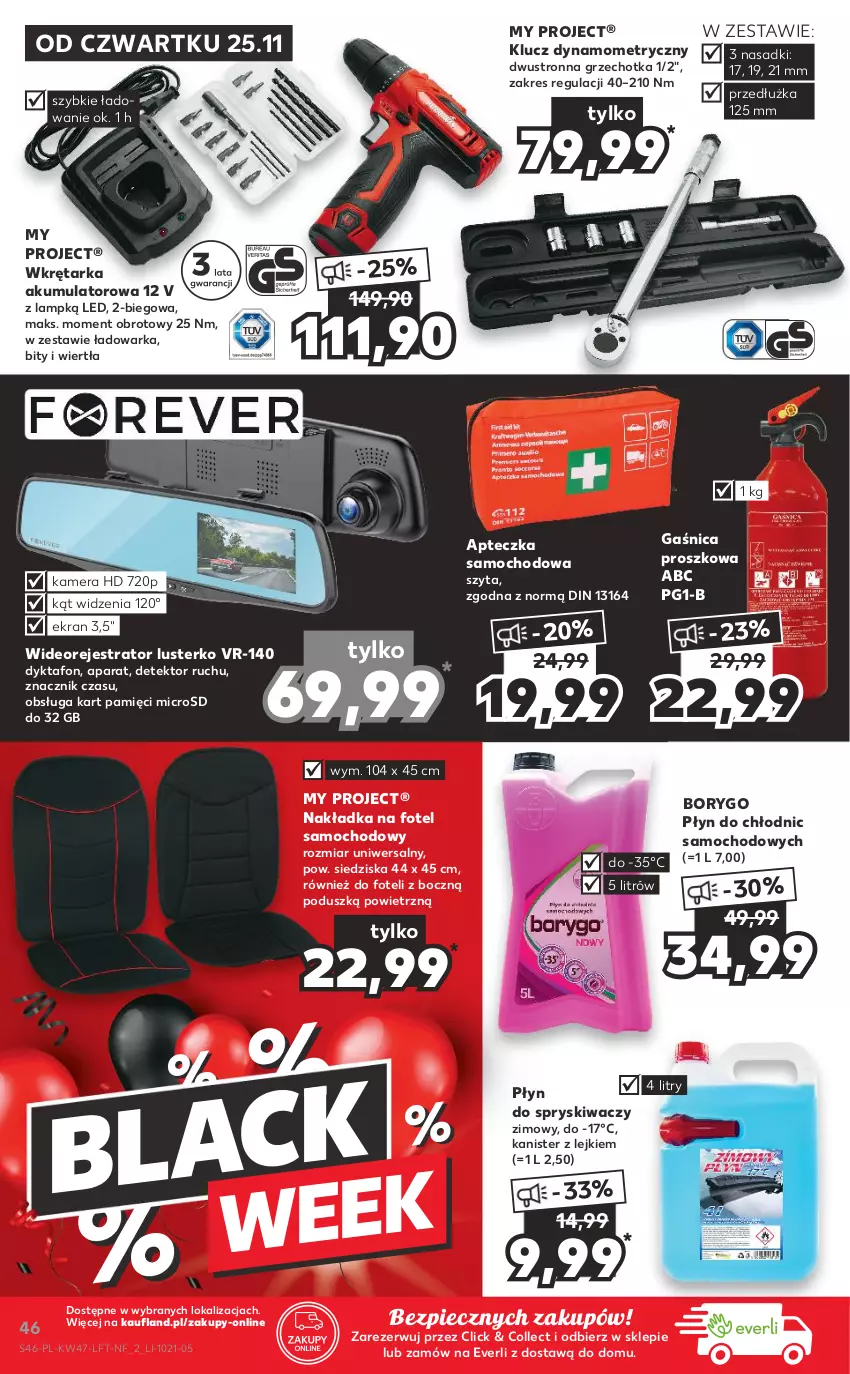 Gazetka promocyjna Kaufland - OFERTA TYGODNIA - ważna 25.11 do 01.12.2021 - strona 46 - produkty: Akumulator, Apteczka samochodowa, Fotel, Gaśnica, Kamera, Piec, Płyn do chłodnic, Płyn do spryskiwaczy, Tarka, Warka, Wideorejestrator, Wkręt, Wkrętarka