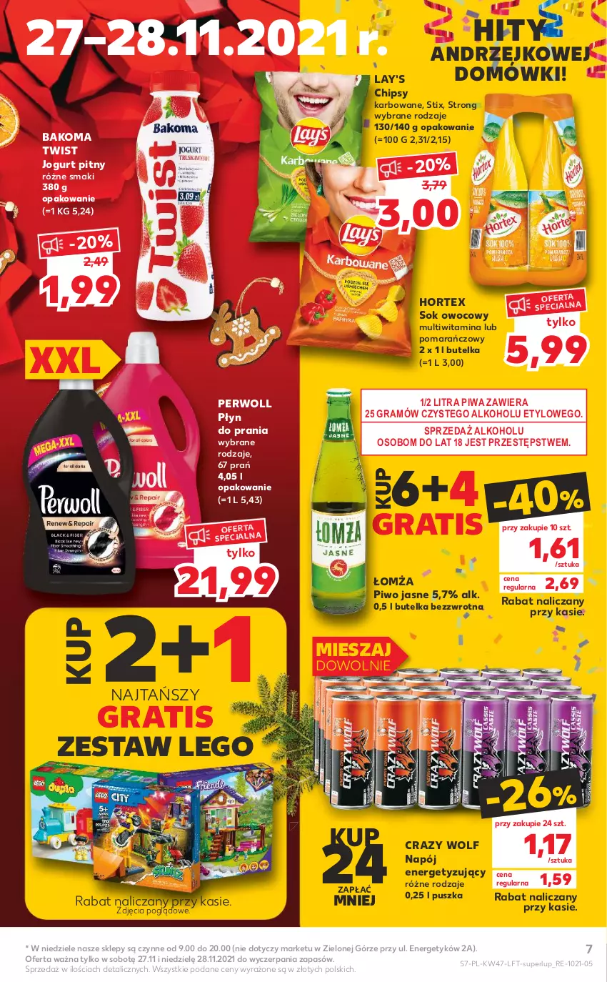 Gazetka promocyjna Kaufland - OFERTA TYGODNIA - ważna 25.11 do 01.12.2021 - strona 7 - produkty: Bakoma, Chipsy, Gra, Hortex, Jogurt, Jogurt pitny, LEGO, Napój, Perwoll, Piwa, Piwo, Piwo jasne, Płyn do prania, Sok