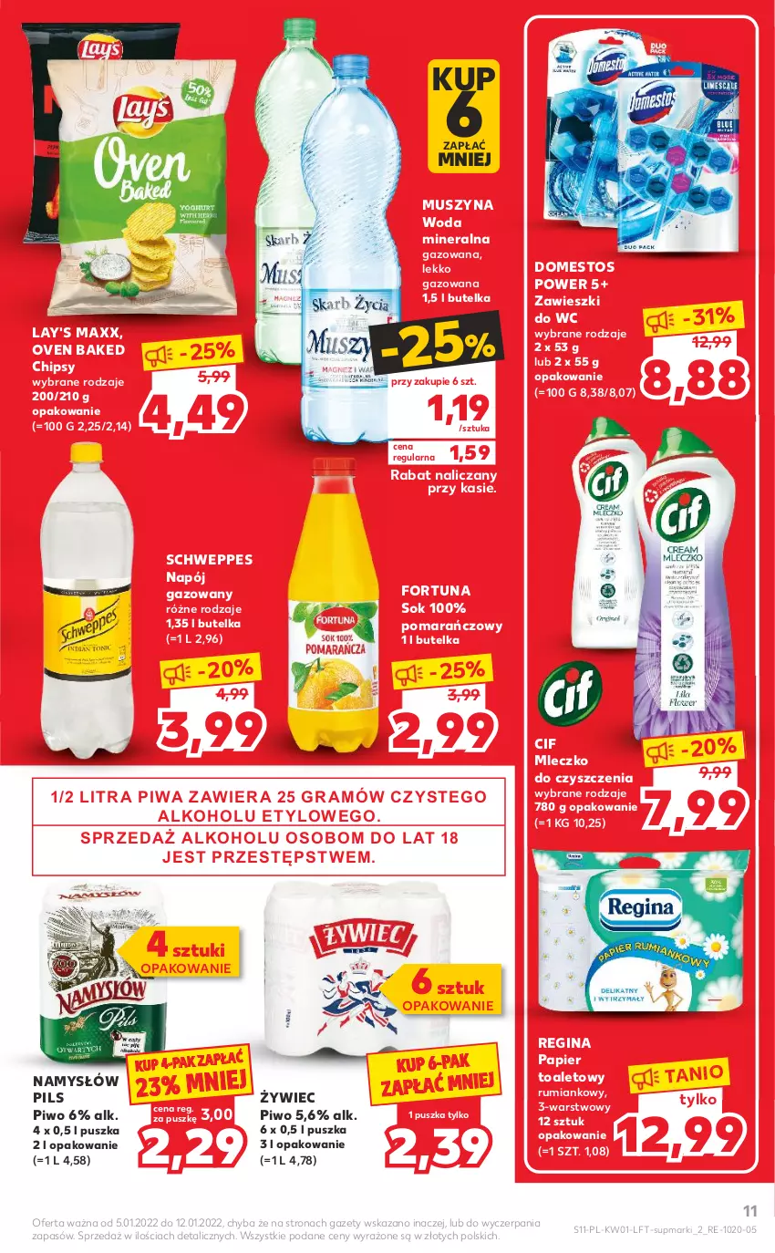 Gazetka promocyjna Kaufland - OFERTA TYGODNIA - ważna 05.01 do 12.01.2022 - strona 11 - produkty: Chipsy, Cif, Domestos, Fortuna, Gin, Mleczko, Mus, Namysłów, Napój, Napój gazowany, Papier, Papier toaletowy, Piwa, Piwo, Rum, Schweppes, Sok, Szyna, Woda, Woda mineralna, Zawieszki