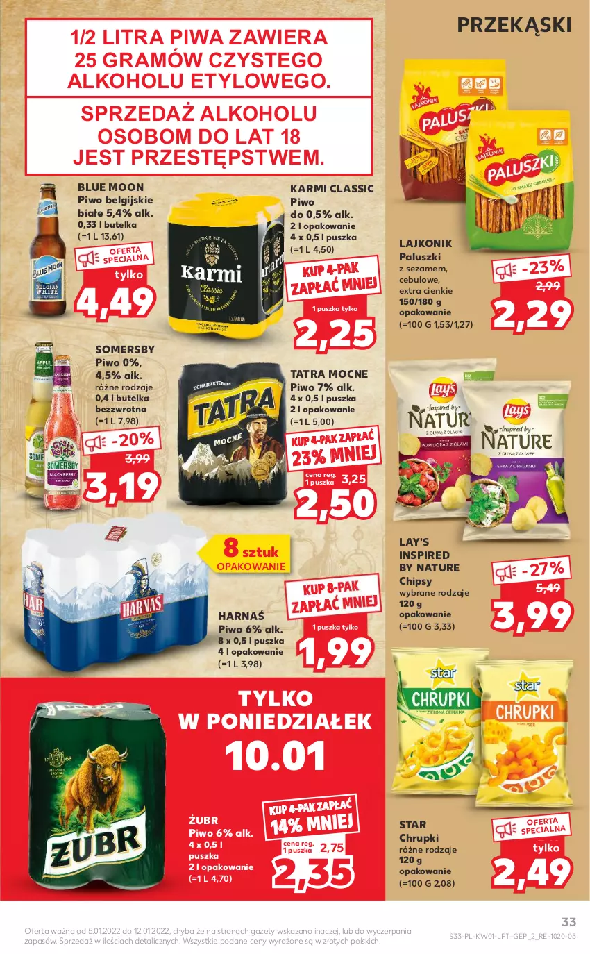 Gazetka promocyjna Kaufland - OFERTA TYGODNIA - ważna 05.01 do 12.01.2022 - strona 33 - produkty: Chipsy, Chrupki, Gra, Harnaś, Karmi, Lajkonik, LG, Piwa, Piwo, Sezam, Somersby, Tatra