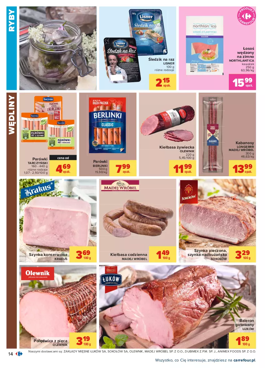 Gazetka promocyjna Carrefour - Gazetka Carrefour - ważna 31.05 do 12.06.2021 - strona 14 - produkty: Berlinki, Kabanos, Kawa, Kiełbasa, Krakus, Lisner, Madej Wróbel, Olewnik, Parówki, Piec, Polędwica, Ser, Sok, Sokołów, Szynka, Szynka konserwowa, Tarczyński, Wałek