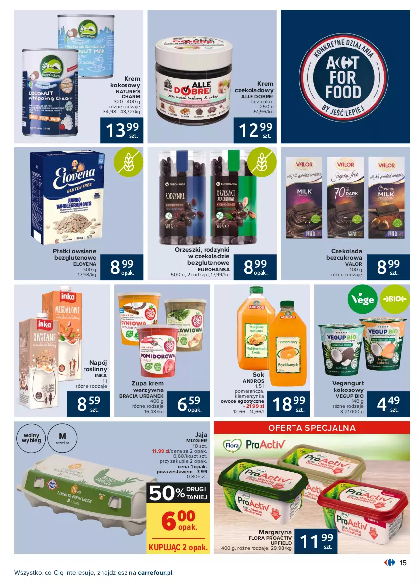 Gazetka promocyjna Carrefour - Gazetka Carrefour - ważna 31.05 do 12.06.2021 - strona 15 - produkty: Czekolada, Flora, Inka, Jaja, Kokos, Kosz, Margaryna, Napój, Napój roślinny, Orzeszki, Owoce, Płatki owsiane, Rodzynki, Sok, Vegangurt, Zupa