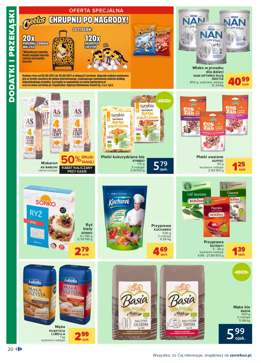 Gazetka promocyjna Carrefour - Gazetka Carrefour - ważna 31.05 do 12.06.2021 - strona 20 - produkty: Babuni, Basia, Bell, Bella, Dzieci, Kotányi, Kucharek, Kupiec, Lubella, Mąka, Makaron, Mleko, Mleko w proszku, NAN Optipro, Nestlé, Piec, Płatki owsiane, Ryż, Ryż biały, Sonko