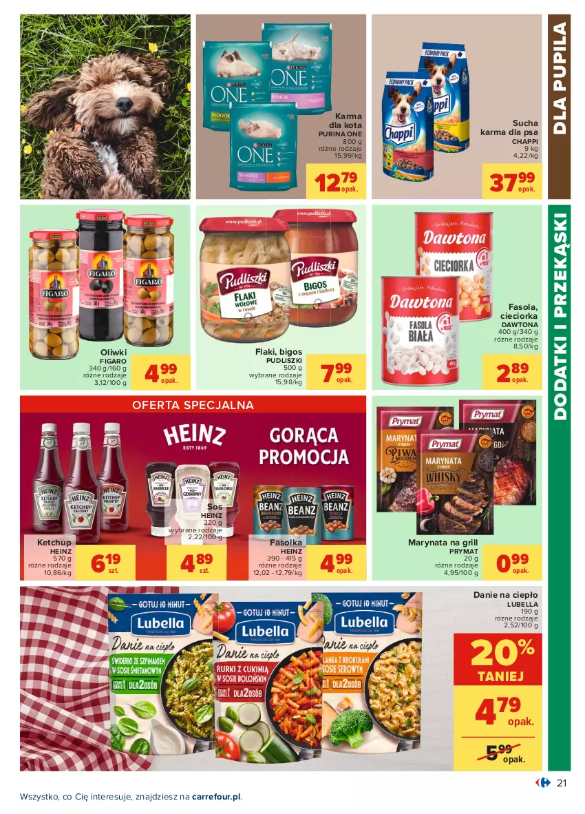 Gazetka promocyjna Carrefour - Gazetka Carrefour - ważna 31.05 do 12.06.2021 - strona 21 - produkty: Bell, Bella, Bigos, Chappi, Cieciorka, Dawtona, Fa, Fasola, Flaki, Grill, Heinz, Ketchup, Lubella, Oliwki, Orka, Prymat, Pudliszki, Pur, Purina, Sos, Sucha karma