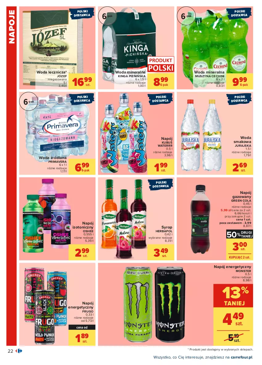 Gazetka promocyjna Carrefour - Gazetka Carrefour - ważna 31.05 do 12.06.2021 - strona 22 - produkty: Herbapol, Kosz, Kubuś, Kubuś Waterrr, LANA, Mus, Napój, Napój energetyczny, Napój gazowany, Napój izotoniczny, Napoje, Oshee, Prima, Primavera, Syrop, Szyna, Woda, Woda mineralna, Znicz