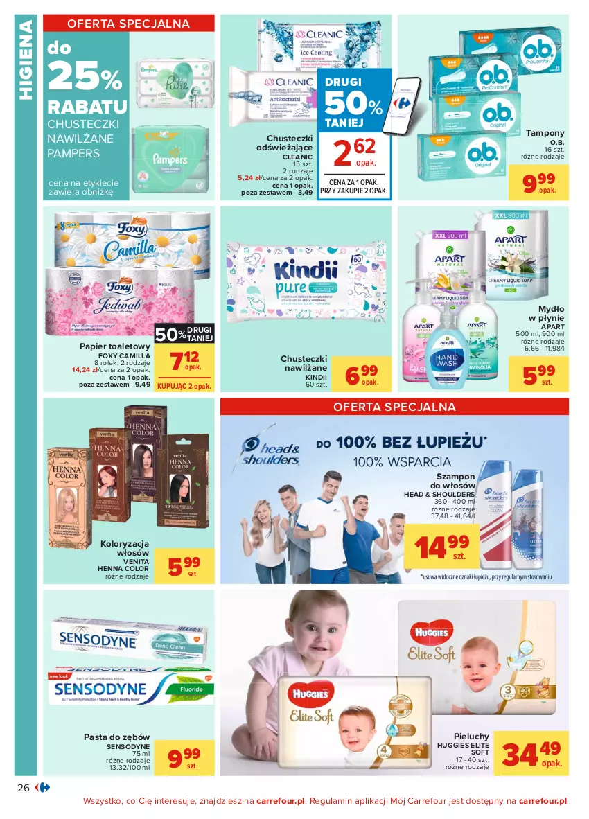 Gazetka promocyjna Carrefour - Gazetka Carrefour - ważna 31.05 do 12.06.2021 - strona 26 - produkty: Chusteczki, Cleanic, Foxy, Huggies, Kindii, Mydło, Mydło w płynie, O.B., Pampers, Papier, Papier toaletowy, Pasta do zębów, Pieluchy, Sensodyne, Szampon, Tampony