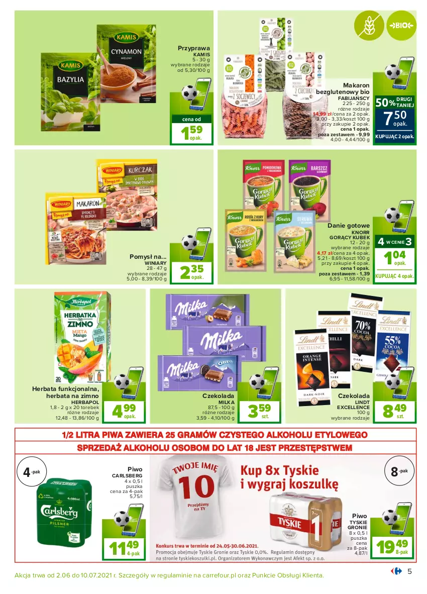 Gazetka promocyjna Carrefour - Gazetka Carrefour - ważna 31.05 do 12.06.2021 - strona 5 - produkty: Carlsberg, Czekolada, Danie gotowe, Fa, Gra, Herbapol, Herbata, Kamis, Knorr, Kosz, Kubek, Lindt, Makaron, Milka, Piwa, Piwo, Tyskie, Winiary