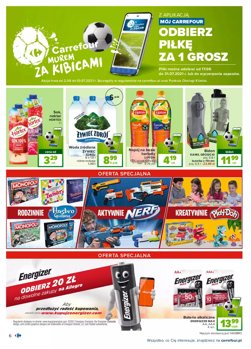 Gazetka promocyjna Carrefour - Gazetka Carrefour - ważna 31.05 do 12.06.2021 - strona 6 - produkty: Baterie alkaliczne, Energizer, Hasbro, Hortex, LANA, Lipton, Napój, Nektar, Sok, Woda