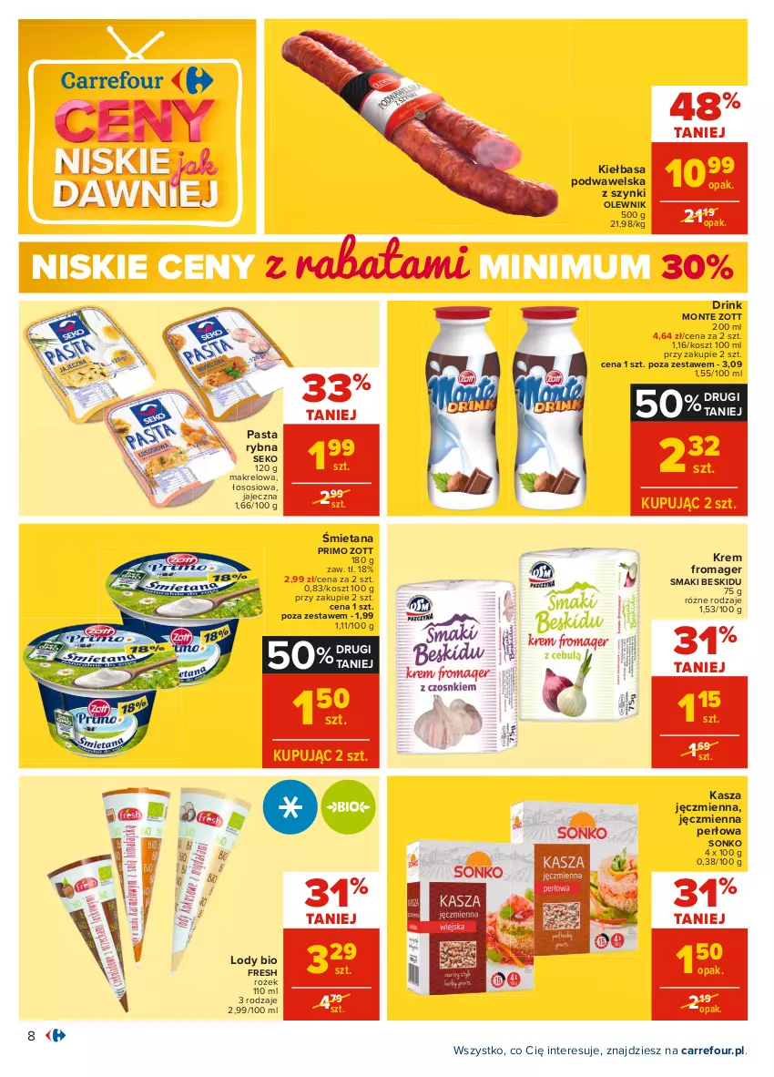 Gazetka promocyjna Carrefour - Gazetka Carrefour - ważna 31.05 do 12.06.2021 - strona 8 - produkty: Kasza, Kasza jęczmienna, Kiełbasa, Kiełbasa podwawelska, Kosz, Lody, Monte, Olewnik, SEKO, Sonko, Sos, Wawel, Zott