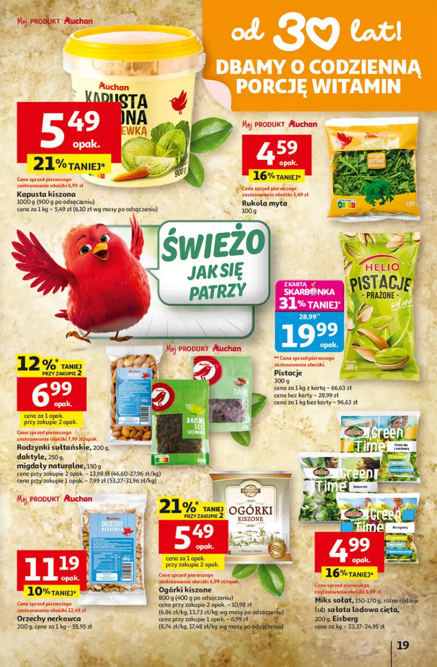Gazetka promocyjna Auchan - Gazetka 30 Lat Hipermarket Auchan - ważna 05.02 do 11.02.2026 - strona 19 - produkty: Daktyle, Helio, Migdały, Pistacje, Rodzynki, Rukola, Sałat, Sałata lodowa