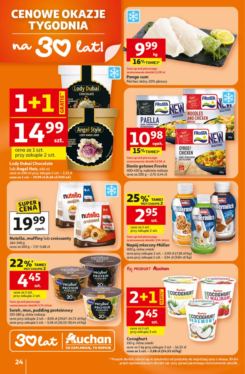 Gazetka promocyjna Auchan - Gazetka 30 Lat Hipermarket Auchan - ważna 05.02 do 11.02.2026 - strona 24 - produkty: Croissant, Danie gotowe, Frosta, Lazur, Lody, Muffiny, Mus, Napój, Napój mleczny, Nutella, Panga, Pudding, Ser, Serek