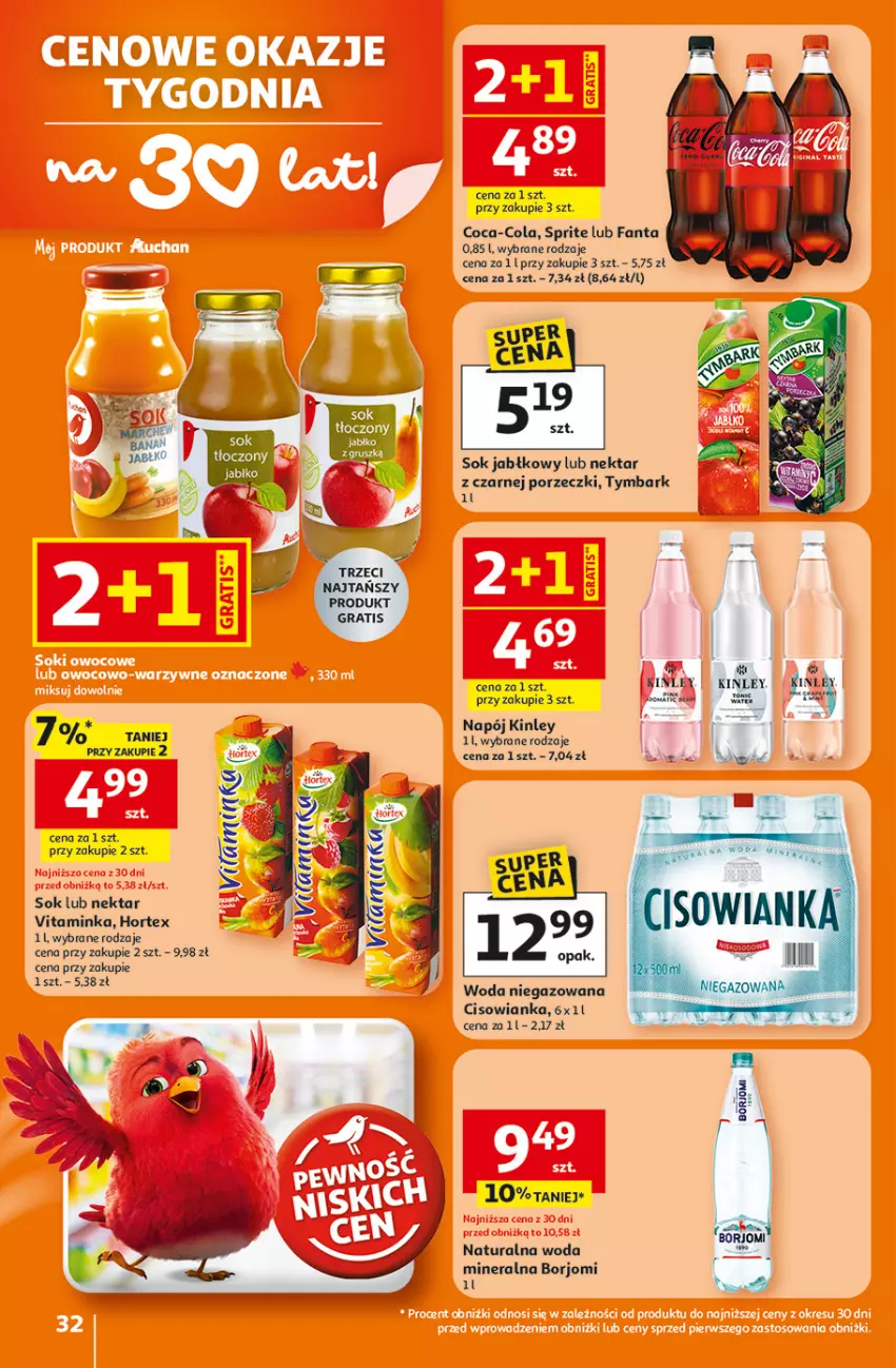 Gazetka promocyjna Auchan - Gazetka 30 Lat Hipermarket Auchan - ważna 05.02 do 11.02.2026 - strona 32 - produkty: Cisowianka, Coca-Cola, Fa, Fanta, Hortex, Inka, Napój, Nektar, Por, Sok, Sok jabłkowy, Sprite, Tymbark, Woda, Woda niegazowana