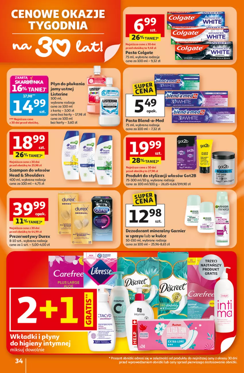 Gazetka promocyjna Auchan - Gazetka 30 Lat Hipermarket Auchan - ważna 05.02 do 11.02.2026 - strona 34 - produkty: Blend-a-Med, Colgate, Dezodorant, Durex, Garnier, Got2b, Gra, LG, Listerine, Płyn do płukania, Prezerwatyw, Szampon