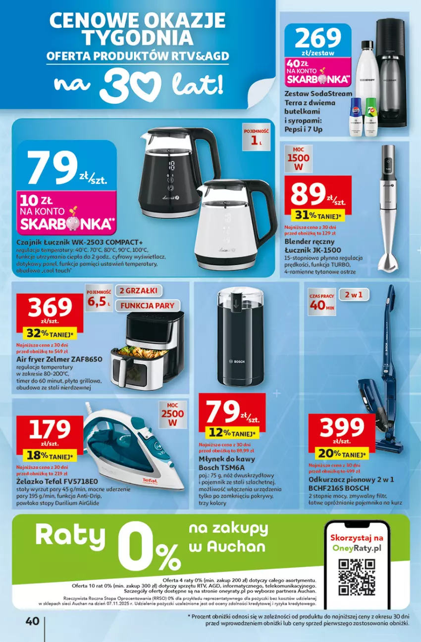 Gazetka promocyjna Auchan - Gazetka 30 Lat Hipermarket Auchan - ważna 05.02 do 11.02.2026 - strona 40 - produkty: Blender, Blender ręczny, Bosch, Czajnik, Fa, Grill, Kosz, Młynek, Młynek do kawy, Odkurzacz, Pepsi, Płyta, Pojemnik, Syrop, Tefal, Top, Tytan, Zelmer