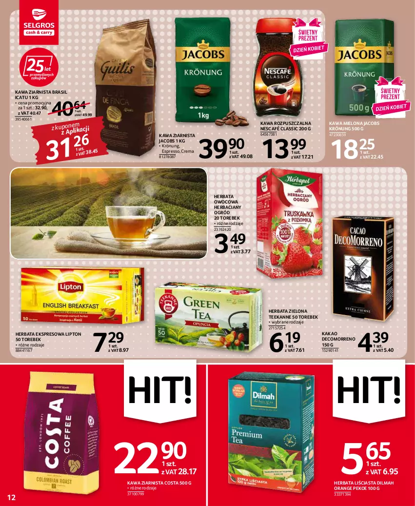 Gazetka promocyjna Selgros - Oferta spożywcza - ważna 03.03 do 16.03.2022 - strona 12 - produkty: Dilmah, Herbata, Herbata owocowa, Jacobs, Jacobs Krönung, Kakao, Kawa, Kawa mielona, Kawa rozpuszczalna, Kawa ziarnista, Lipton, Nescafé, Ogród, Teekanne