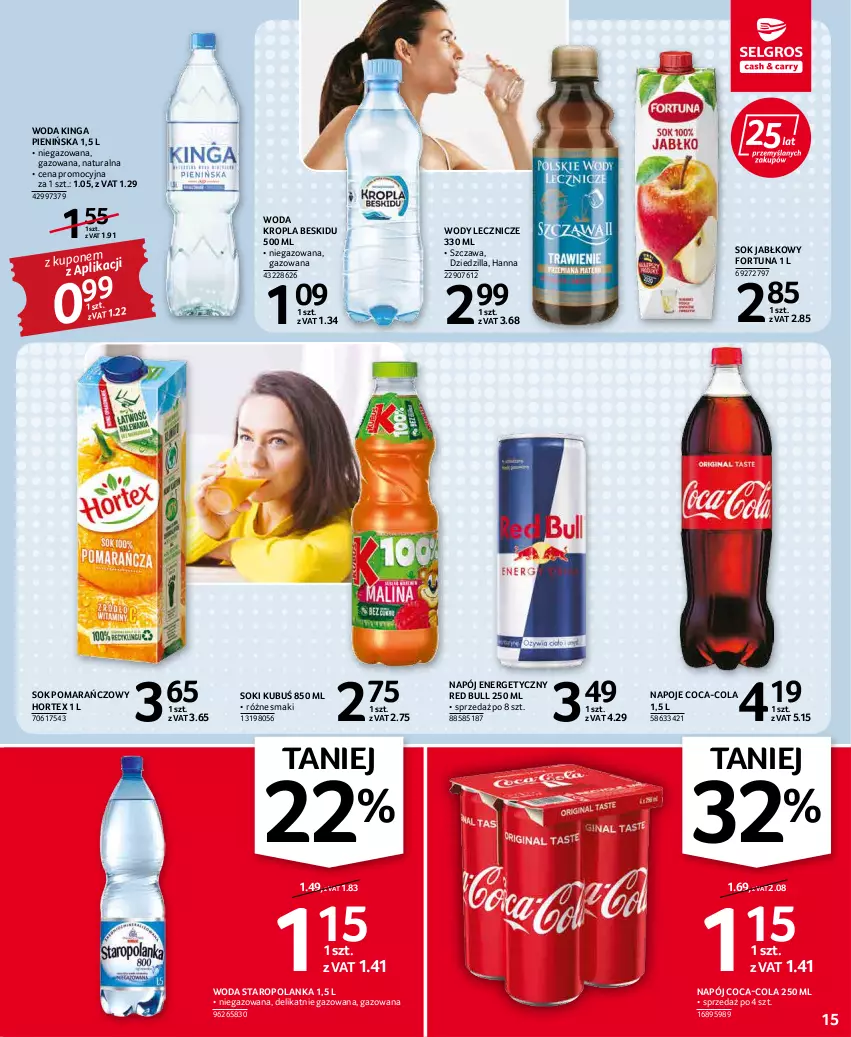 Gazetka promocyjna Selgros - Oferta spożywcza - ważna 03.03 do 16.03.2022 - strona 15 - produkty: Coca-Cola, Fortuna, Hortex, Kubuś, Napój, Napój energetyczny, Napoje, Red Bull, Sok, Sok jabłkowy, Sok pomarańczowy, Staropolanka, Woda, Znicz