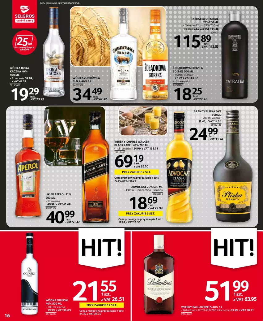 Gazetka promocyjna Selgros - Oferta spożywcza - ważna 03.03 do 16.03.2022 - strona 16 - produkty: Advocaat, Aperol, Brandy, Gin, Johnnie Walker, Kaczka, Lack, Likier, Ogiński, Pliska, Tatra, Whisky, Wódka