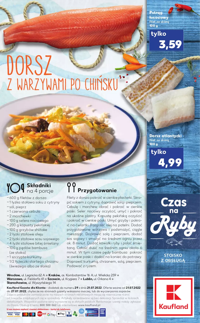 Gazetka promocyjna Kaufland - RYBY - ważna 21.07 do 27.07.2022 - strona 2 - produkty: Cebula, Chrzan, Cytryny, Dorsz, Fa, Grzyby, Kawa, Olej, Orka, Pędy bambusa, Pieprz, Plasterki, Por, Pstrąg, Pstrąg łososiowy, Ryż, Seler naciowy, Sok, Sól, Sos, Sos sojowy, Wagi, Warzywa