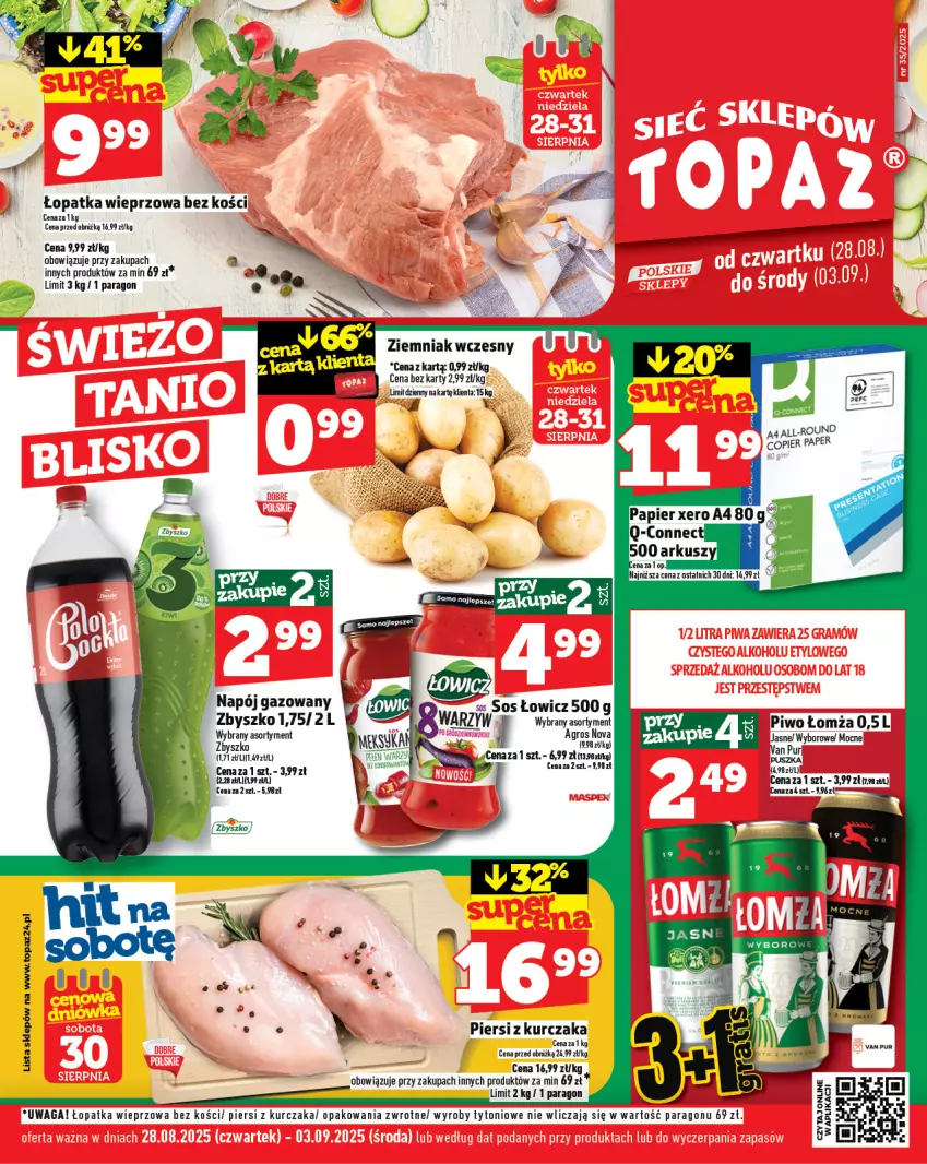 Gazetka promocyjna Topaz - Gazetka - ważna 28.08 do 03.09.2025 - strona 1 - produkty: Kurczak, Napój, Napój gazowany, Piwo, Pur, Sos, Waga