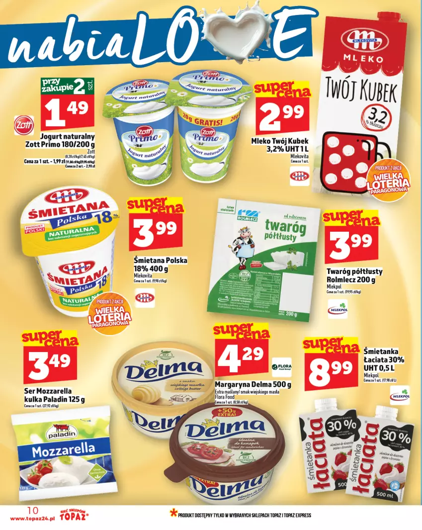 Gazetka promocyjna Topaz - Gazetka - ważna 28.08 do 03.09.2025 - strona 10 - produkty: Delma, Jogurt, Jogurt naturalny, Miecz, Mleko, Mlekovita, Mozzarella, Ser, Top, Twaróg, Twaróg półtłusty, Vita C, Zott, Zott Primo