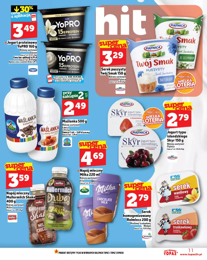 Gazetka promocyjna Topaz - Gazetka - ważna 28.08 do 03.09.2025 - strona 11 - produkty: Isla, Jogurt, Miecz, Napój, Napój mleczny, Piątnica, Ser, Serek, Serek homogenizowany, Top
