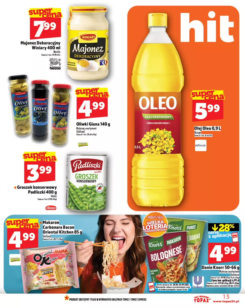 Gazetka promocyjna Topaz - Gazetka - ważna 28.08 do 03.09.2025 - strona 13 - produkty: Groszek, Heinz, Majonez, Olej, Oleo, Oliwki, Pudliszki, Ser, Top, Winiary