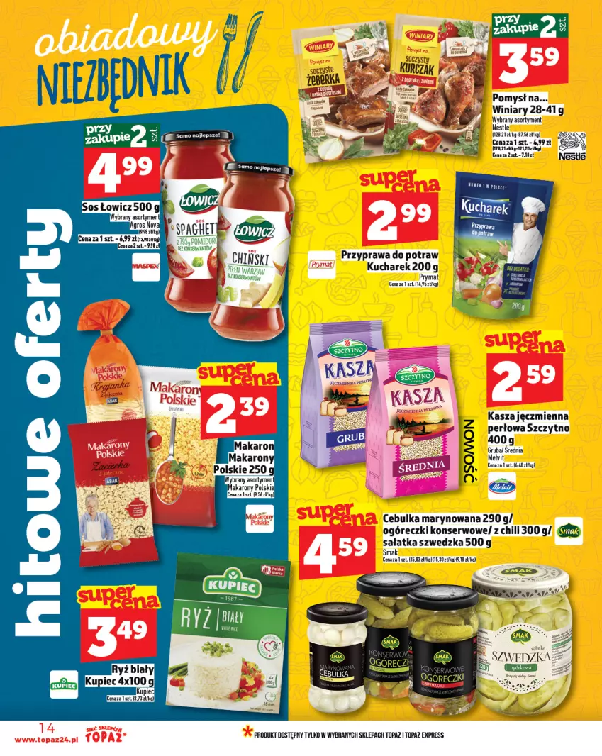 Gazetka promocyjna Topaz - Gazetka - ważna 28.08 do 03.09.2025 - strona 14 - produkty: Kasza, Kasza jęczmienna, Kucharek, Kupiec, Kurczak, Piec, Prymat, Przyprawa do potraw, Ryż, Sałat, Sałatka, Ser, Sos, Top, Winiary