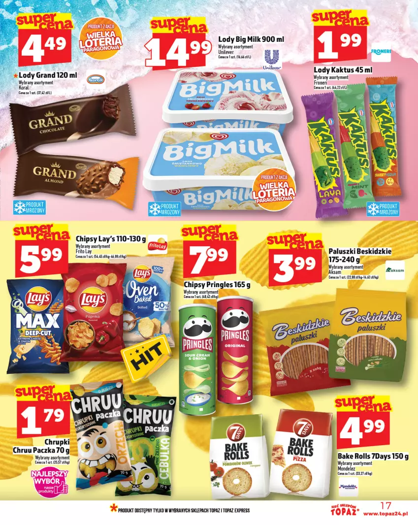 Gazetka promocyjna Topaz - Gazetka - ważna 28.08 do 03.09.2025 - strona 17 - produkty: Bake Rolls, Beskidzki, Big Milk, Chipsy, Chrupki, Gra, Kaktus, Lody, Pringles, Top