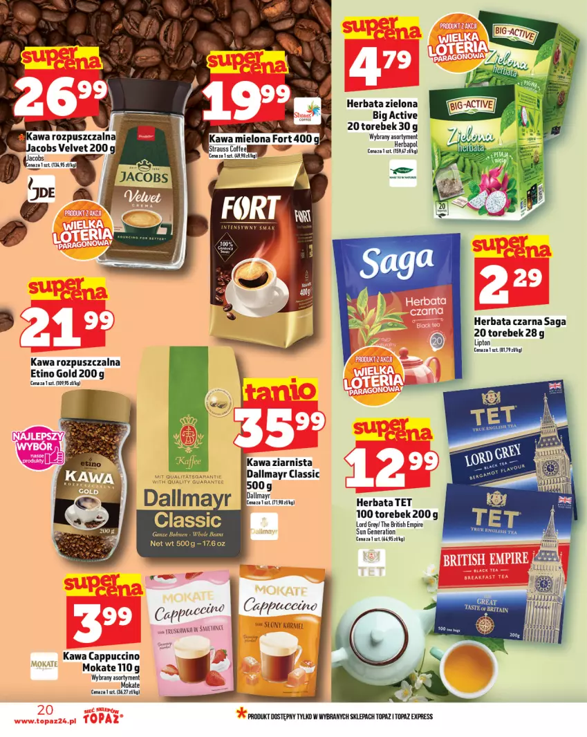 Gazetka promocyjna Topaz - Gazetka - ważna 28.08 do 03.09.2025 - strona 20 - produkty: Brit, Cappuccino, Dallmayr, Herbata, Herbata czarna, Jacobs, Jacobs Velvet, Kawa, Kawa mielona, Kawa rozpuszczalna, Lipton, Saga, Top, Velvet