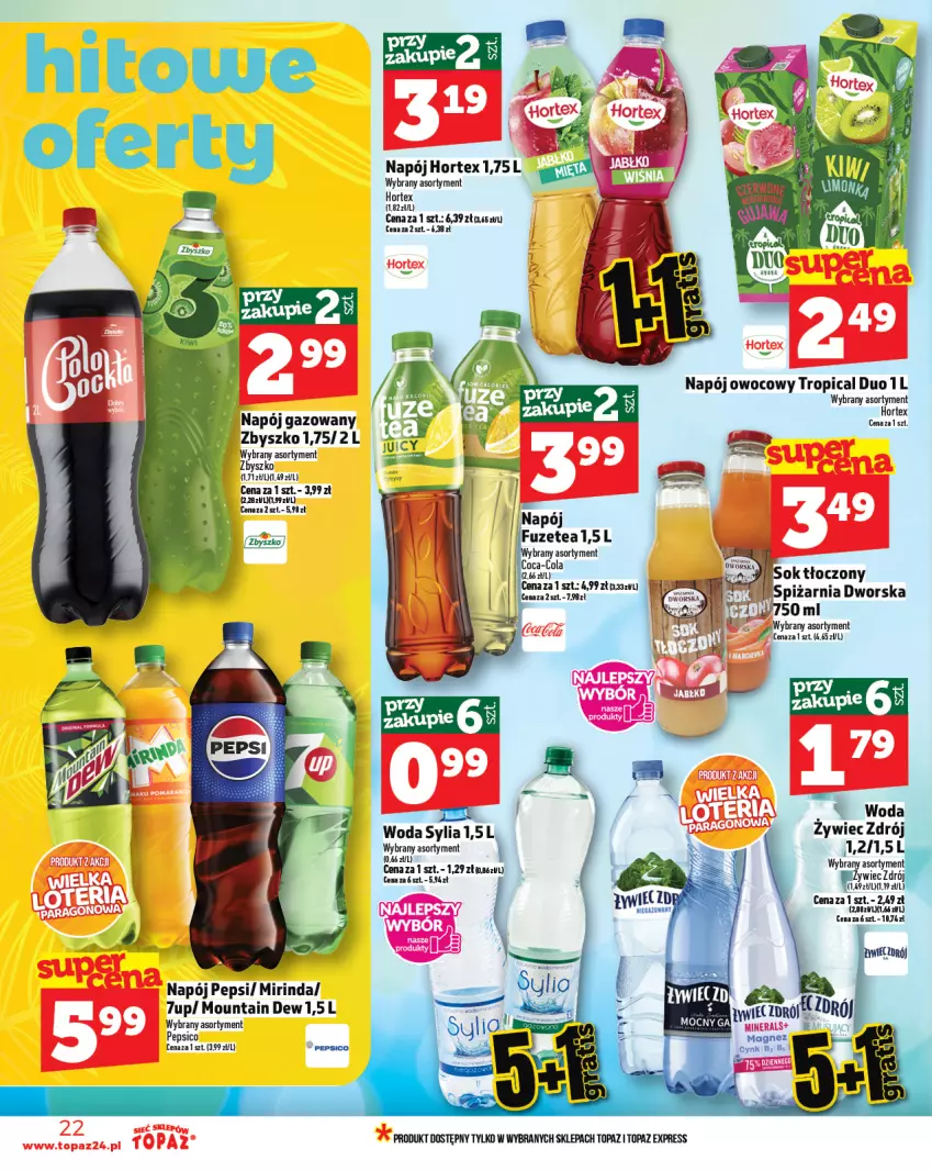 Gazetka promocyjna Topaz - Gazetka - ważna 28.08 do 03.09.2025 - strona 22 - produkty: 7up, Hortex, Mirinda, Napój, Napój gazowany, Pepsi, Top, Tropical, Woda