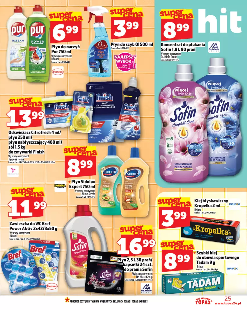 Gazetka promocyjna Topaz - Gazetka - ważna 28.08 do 03.09.2025 - strona 25 - produkty: Bref, Fa, Finish, KaMos, Klej, Płyn nabłyszczający, Por, Pur, Sidolux, Sól, Sport, Top, Zawieszka do wc, Zmywarki