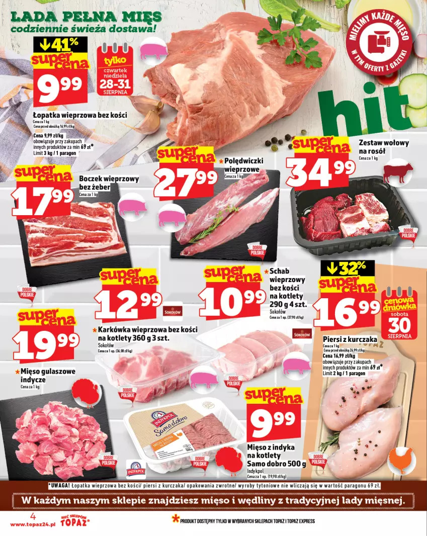 Gazetka promocyjna Topaz - Gazetka - ważna 28.08 do 03.09.2025 - strona 4 - produkty: Karkówka wieprzowa, Kotlet, Kurczak, Mięso, Rosół, Schab wieprzowy, Sok, Sokołów, Top