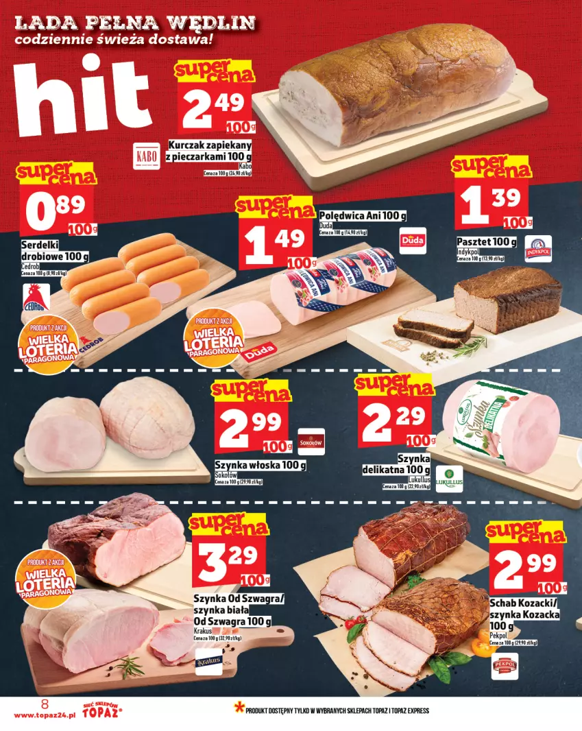 Gazetka promocyjna Topaz - Gazetka - ważna 28.08 do 03.09.2025 - strona 8 - produkty: Gra, Kurczak, Pekpol, Piec, Pieczarka, Polędwica, Ser, Serdelki, Szynka, Top