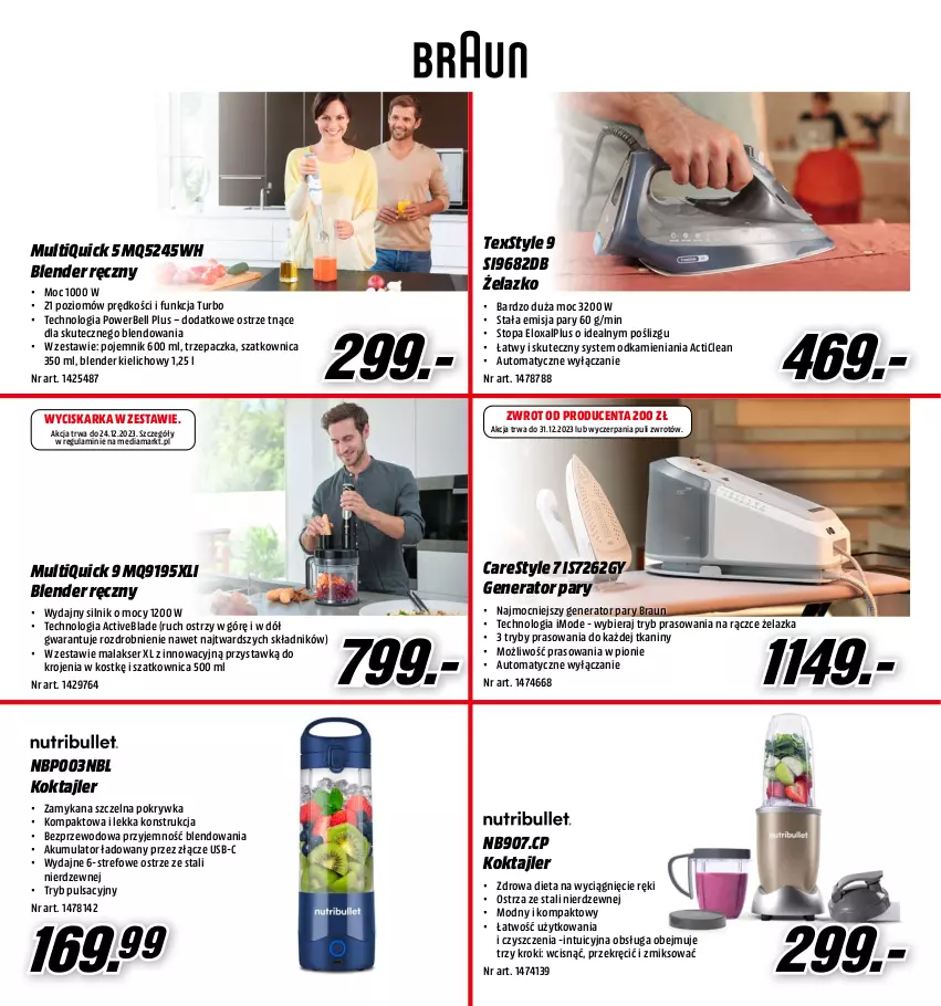 Gazetka promocyjna Media Markt - Gazetka Media Markt - ważna 01.12 do 24.12.2023 - strona 21 - produkty: Akumulator, Bell, Blender, Blender ręczny, Braun, Generator pary, Pojemnik, Ser, Szatkownica, Top, Trzepaczka, Wyciskarka