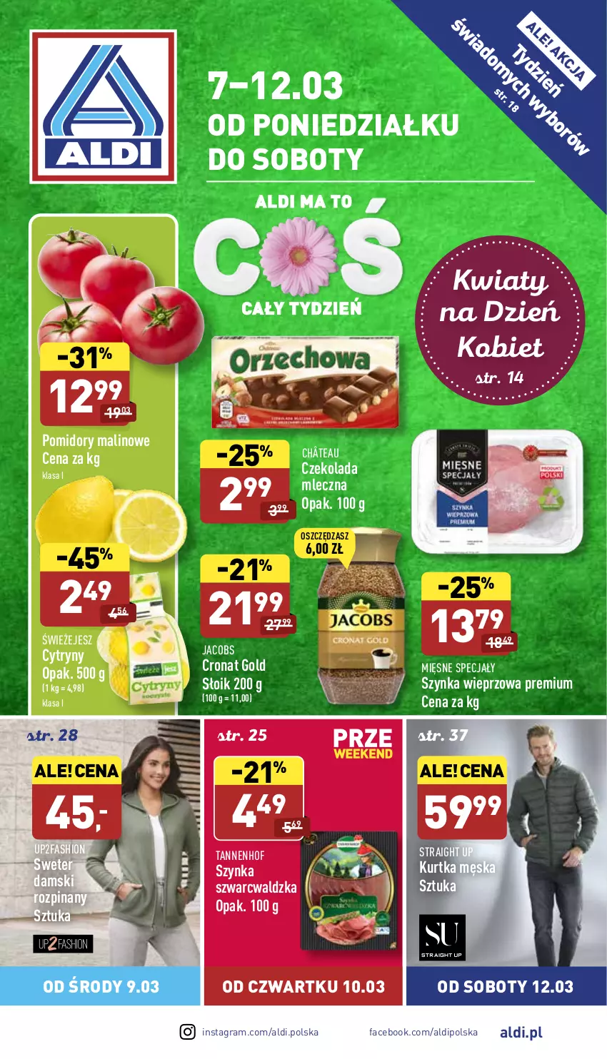 Gazetka promocyjna Aldi - Pełny katalog - ważna 07.03 do 12.03.2022 - strona 1 - produkty: Cytryny, Czekolada, Czekolada mleczna, Fa, Gra, Jacobs, Kurtka, Mięsne specjały, Pomidory, Sweter, Szynka, Szynka wieprzowa