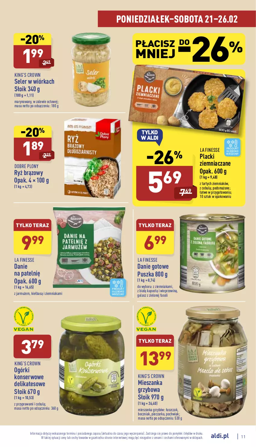 Gazetka promocyjna Aldi - Katalog spożywczy - ważna 21.02 do 26.02.2022 - strona 11 - produkty: Boczniak, Danie gotowe, Fa, Jarmuż, Kapustą, King’s Crown, Lack, Ogórki konserwowe, Piec, Pieczarka, Ryż, Ser, Tera