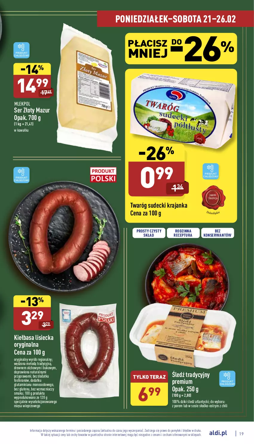 Gazetka promocyjna Aldi - Katalog spożywczy - ważna 21.02 do 26.02.2022 - strona 19 - produkty: Gin, Kawa, Kiełbasa, Por, Ser, Sos, Tera, Twaróg, Złoty Mazur