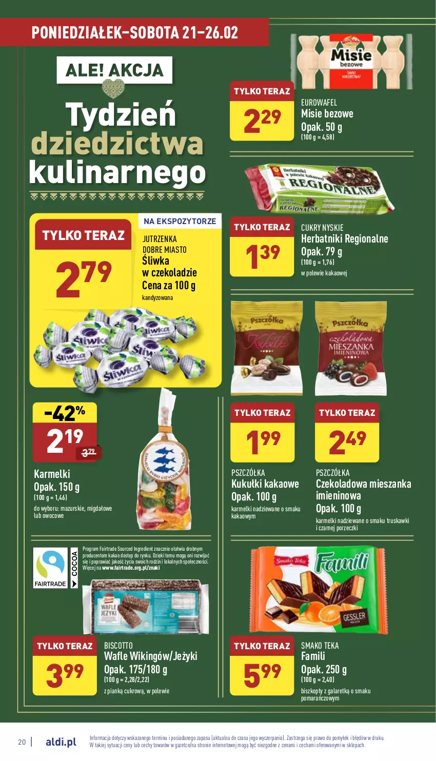 Gazetka promocyjna Aldi - Katalog spożywczy - ważna 21.02 do 26.02.2022 - strona 20 - produkty: Biszkopty, Fa, Gala, Gra, Herbatniki, Jeżyki, Jutrzenka, Kakao, Por, Tera, Truskawki, Wafle