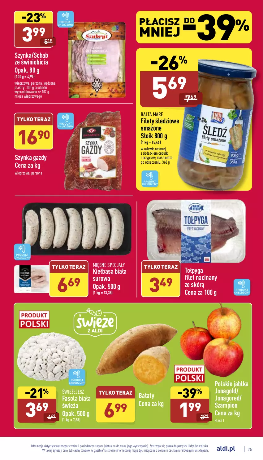 Gazetka promocyjna Aldi - Katalog spożywczy - ważna 21.02 do 26.02.2022 - strona 25 - produkty: Balta Mare, BIC, Fa, Fasola, Jabłka, Jonagold, Kiełbasa, Kiełbasa biała, Mięsne specjały, Szampion, Szynka, Tera, Tołpyga