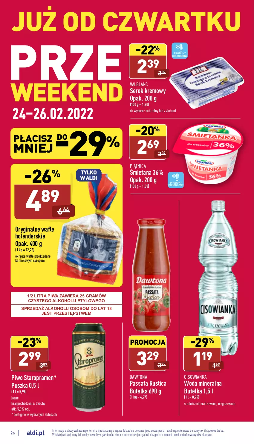 Gazetka promocyjna Aldi - Katalog spożywczy - ważna 21.02 do 26.02.2022 - strona 26 - produkty: Cisowianka, Dawtona, Gin, Gra, Piątnica, Piwa, Piwo, Rust, Ser, Serek, Syrop, Wafle, Woda, Woda mineralna