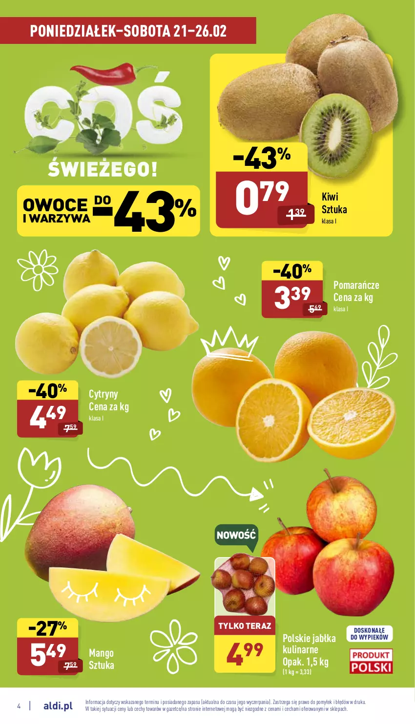 Gazetka promocyjna Aldi - Katalog spożywczy - ważna 21.02 do 26.02.2022 - strona 4 - produkty: Cytryny, Jabłka, Kiwi, Mango, Owoce, Pomarańcze, Tera, Warzywa