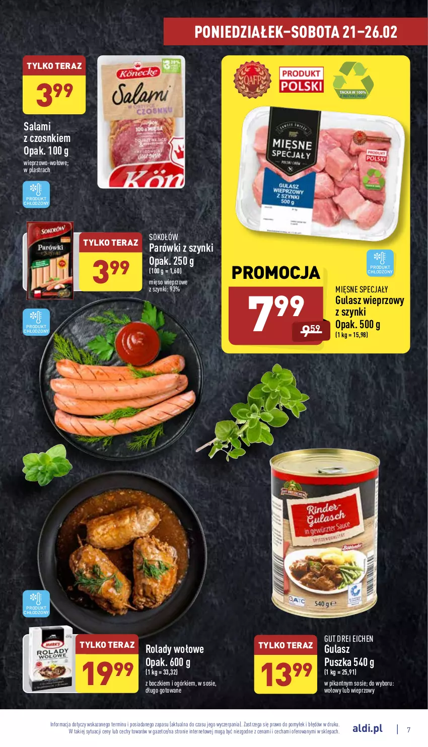 Gazetka promocyjna Aldi - Katalog spożywczy - ważna 21.02 do 26.02.2022 - strona 7 - produkty: Mięsne specjały, Mięso, Mięso wieprzowe, Parówki, Parówki z szynki, Salami, Sok, Sokołów, Sos, Tera