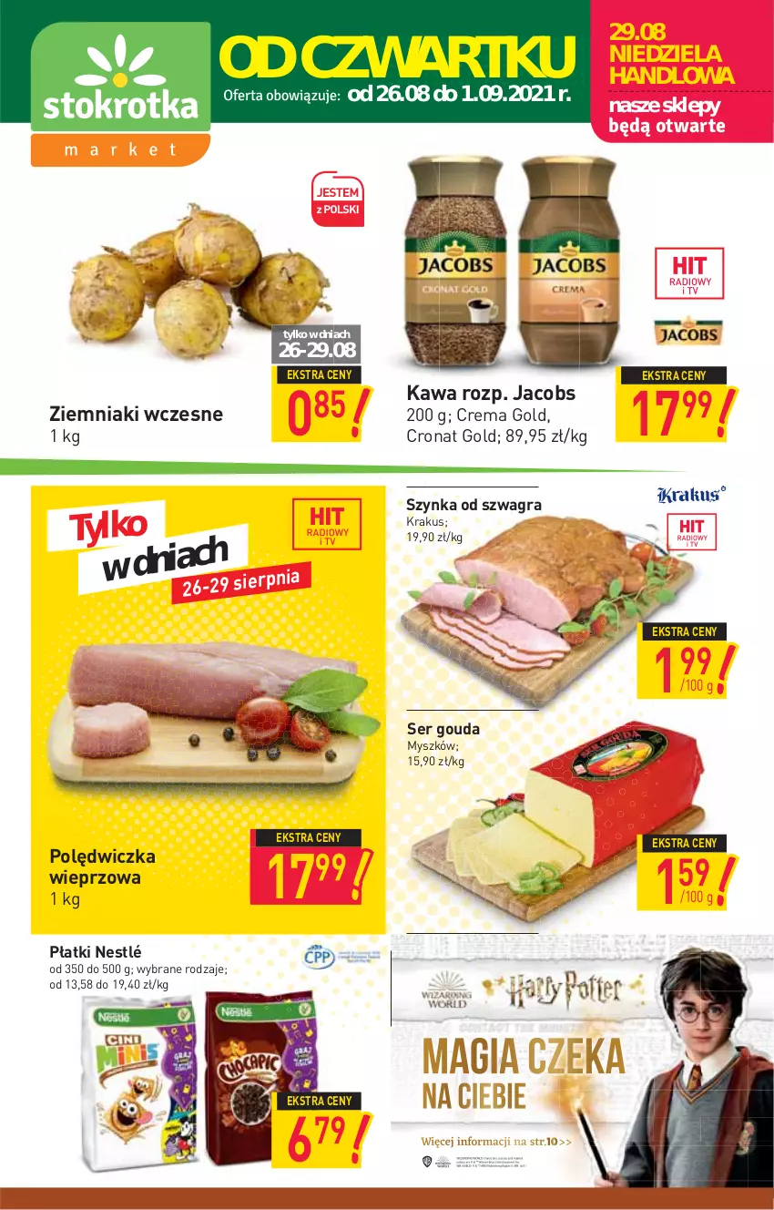 Gazetka promocyjna Stokrotka - Market - ważna 26.08 do 01.09.2021 - strona 1 - produkty: Gouda, Gra, Jacobs, Kawa, Krakus, Mysz, Nestlé, Polędwiczka wieprzowa, Ser, Szynka, Ziemniaki